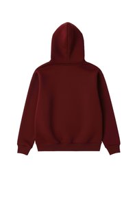 Sudadera con capucha de color burdeos, con capucha redondeada, mangas largas y dobladillo y puños acanalados. Textura suave, color sólido y diseño minimalista.