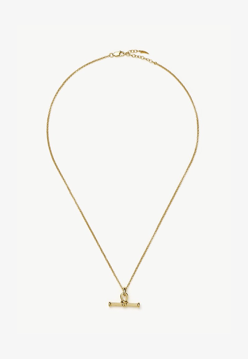 Zlatem pokovený řetízek na krk se vyznačuje elegantní tyčovou přívěskem s kulatým akcentem, jemnou texturou a nastavitelným zapínáním pro přizpůsobitelnou délku.