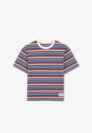 Marineblauw T-shirt met korte mouwen, witte, rode en beige horizontale strepen en een witte ronde hals, Timberland-logo patch aan de zoom.