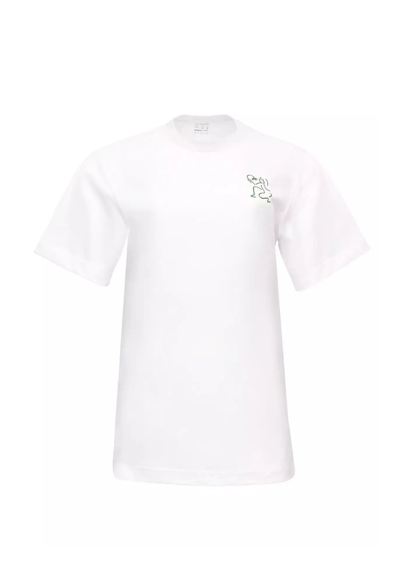 Biała bawełniana koszulka z luźnym krojem, z krótkimi rękawami i zielonym haftowanym logo po lewej stronie klatki piersiowej.
