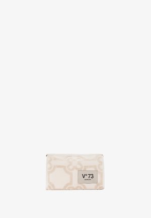 Sacchetto in tessuto color crema con un motivo floreale testurizzato e un'etichetta con logo che riporta 'V°73 VENEZIA'. Forma rettangolare, chiusura con zip.