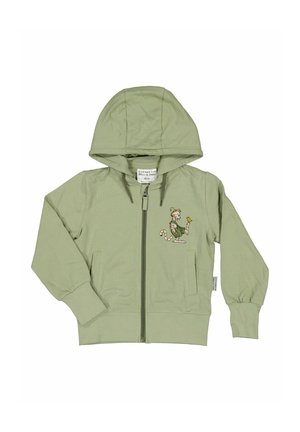 Lysegrøn børne-zip-hoodie med hætte og en broderet tegneserie kat og fugl på venstre bryst.
