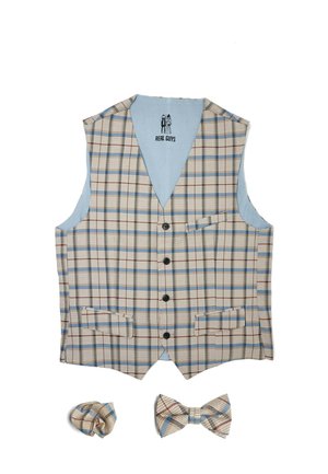 Karo-Weste in Beige-, Blau- und Brauntönen, mit Notch-Revers, fünf schwarzen Knöpfen, zwei vorderen Taschen und passender Fliege mit Einstecktuch.