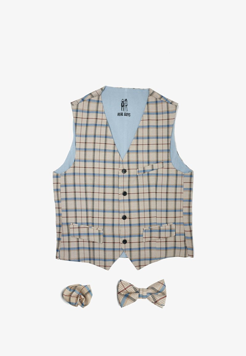 Geruite vest in beige, blauwe en bruine tinten, met een notch lapel, vijf zwarte knopen, twee voorzakken, en een bijpassende strik met pochet.