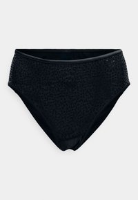 Chiloată neagră cu talie înaltă, prezentând detalii din plasă și mici paiete decorative. Talie netedă și texturi duble de materiale.