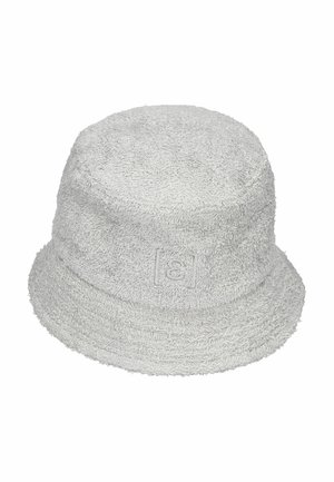 Gray bucket hat made of towel-like fabric, featuring a textured surface and a logo embossed on the front. Wide, soft brim. Round shape.