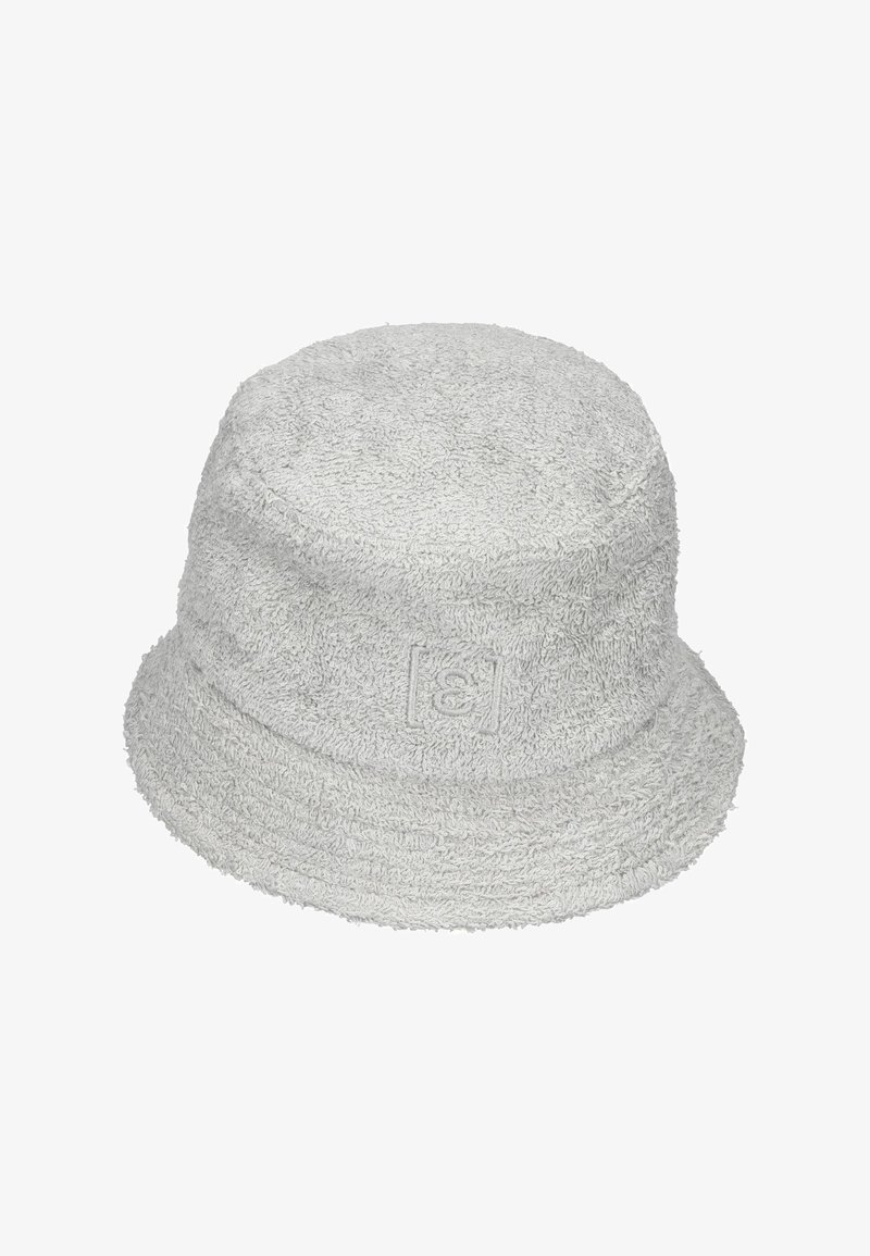 Gray bucket hat made of towel-like fabric, featuring a textured surface and a logo embossed on the front. Wide, soft brim. Round shape.