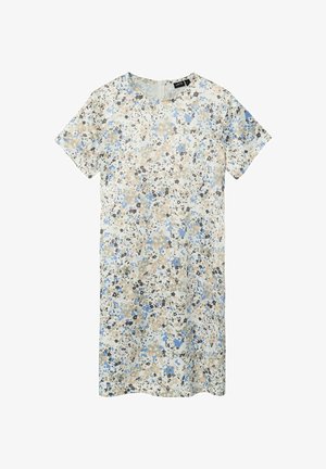 Kjole med kort erme i lett stoff med et flekkete mønster av blått, brunt og kremfarge, med rund halslinning og løs passform.