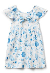 Weißes Kurzarmkleid mit einem blauen Unterwasser-Druck, der Muscheln, Seesterne und Meereslebewesen zeigt. Mit einem Bindedetail am Ausschnitt.