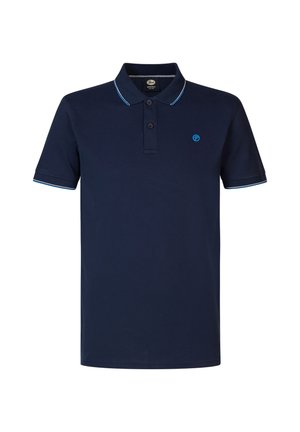 Marineblauw katoenen polo-shirt met een drieknopenlijst, contrasterende lichtblauwe kraag en mouwaccenten, en een klein logo op de borst.