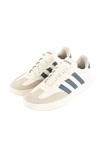 Pair of white Adidas sneakers with blue stripes and beige suede accents, shown angled with laces tied, on white background.