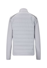Lys grå jakke med et quilted, polstret ryg, glatte stofærmer, høj krave og ingen synlige hardware eller accenter.
