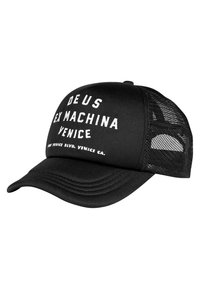 Gorra negra con visera curva. En la parte frontal lleva texto blanco que dice "DE US EX MACHINA VENICE." Paneles de malla a los lados y en la parte trasera.