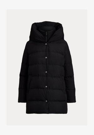 Czarny zimowy płaszcz ocieplany z wysokim kołnierzem, zamkiem błyskawicznym z przodu i zatrzaskami oraz kieszeniami bocznymi, pokazany na jednolitym tle.