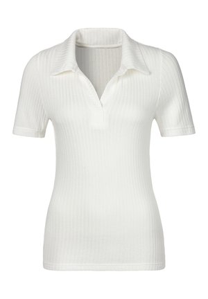 Polo blanco de manga corta acanalado con cuello vuelto y abertura en forma de V.