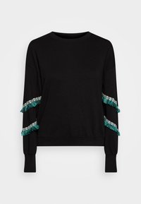 Czarna bluza z długimi rękawami, z turquoise i białymi dekoracyjnymi frędzlami na rękawach oraz prążkowanymi mankietami.