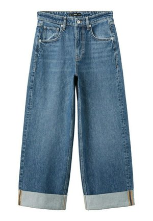 Jean large bleu avec ourlets retroussés, bouton avant, fermeture éclair et design à cinq poches.