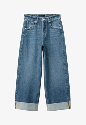 Plave traperice širokih nogavica s preklopljenim rubovima, prednjim gumbom, patentnim zatvaračem i dizajnom s pet džepova.