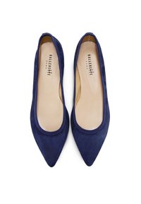 Ballerine in suede blu navy con punta affusolata, dotate di una morbida fodera interna e profilo elastico attorno all'apertura per una vestibilità sicura.