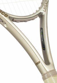 Tennis racket featuring a light gold metallic frame with a textured grip, rectangular head shape, and visible stringing pattern.