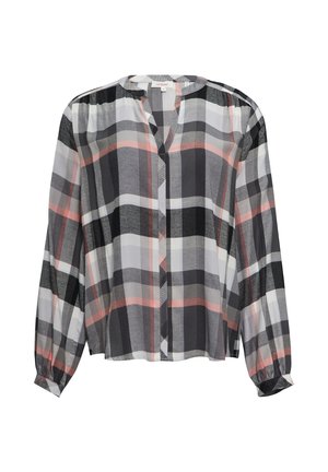 Czarny, szary i biały w kratę bluzka z długimi rękawami, z zapinaniem na guziki z przodu oraz delikatnym dekoltem w kształcie litery V. Lekka tkanina o miękkiej fakturze.
