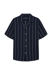 Camicia a maniche corte blu con strisce verticali bianche, colletto a rotondo e chiusura con bottoni frontali. Realizzata in tessuto testurizzato.