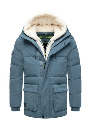Padded blue winter jacket with a fluffy white interior, a hood, front zipper, and multiple pockets, featuring a color-contrasting lining.