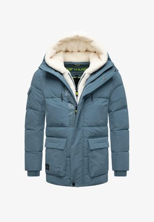 Gevoerde blauwe winterjas met een zachte witte binnenkant, een capuchon, een frontale rits en meerdere zakken, met een voering in contrasterende kleuren.