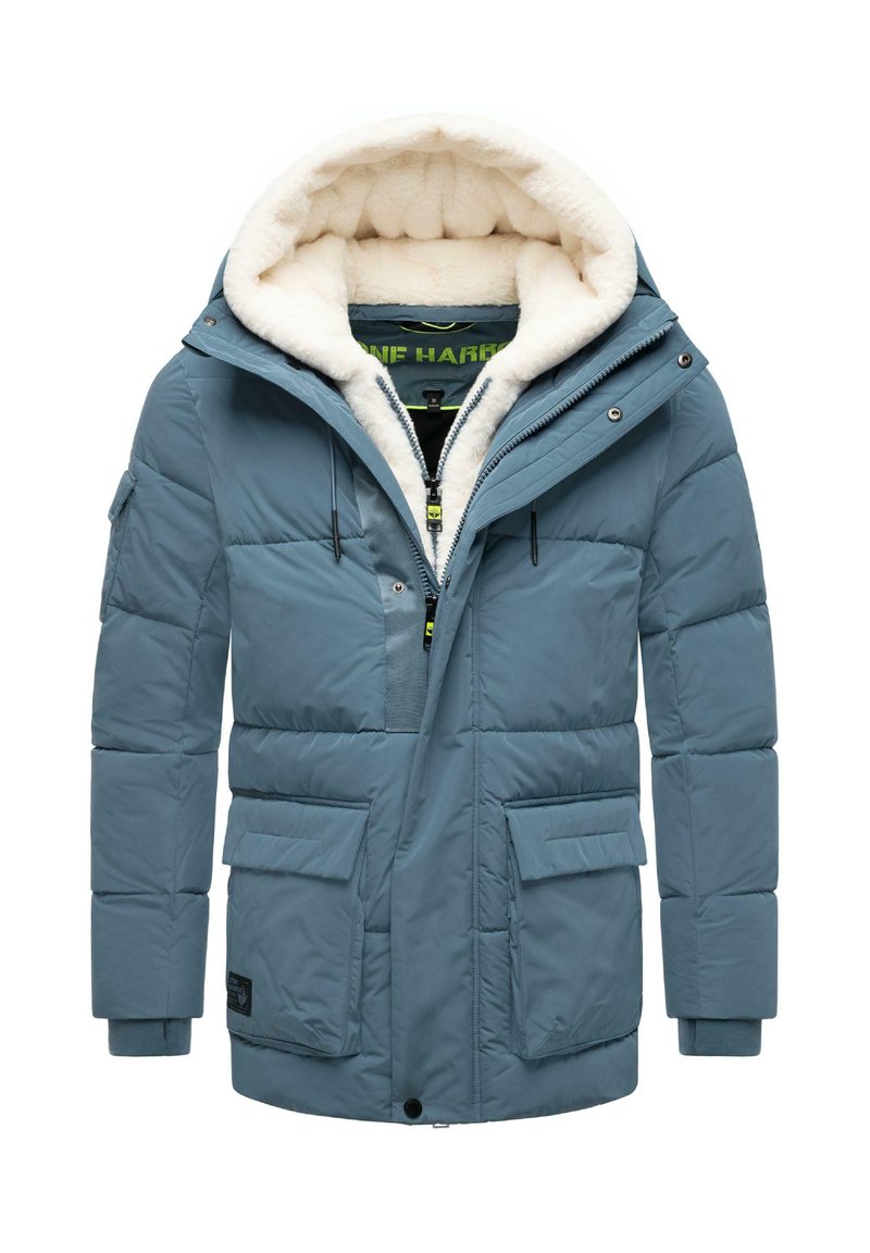 Padded blue winter jacket with a fluffy white interior, a hood, front zipper, and multiple pockets, featuring a color-contrasting lining.
