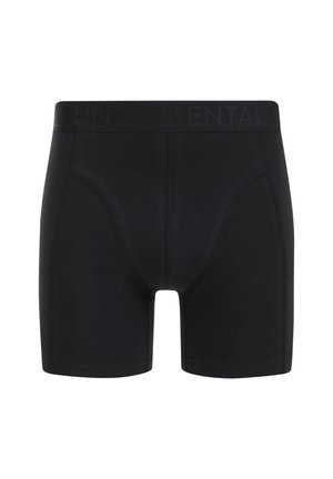 Fekete boxer alsónadrág egyszínű dizájnnal, rugalmas derékpánttal, rajta "FUNDAMENTALS" felirattal és finom varrással a széleken.