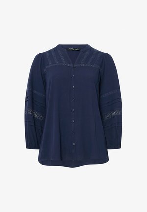 Marineblaue langärmelige Bluse mit Knopfleiste vorne, Spitzeinsätzen an Schultern und Ärmeln sowie gerafften Ärmelbündchen.