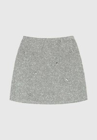 Mini jupe grise texturée présentant un design structuré, un motif subtil et des accents décoratifs. Fini lisse avec une silhouette ajustée.