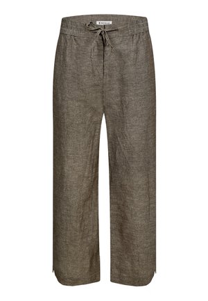 Hosen aus Leinengemisch in einem gedämpften Braunton, mit einem elastischen Bund und Kordelzug sowie weiter Beinform. Glatte Textur mit dezentem Glanz.