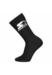 Calzino nero da crew con parte superiore a righe e logo "Starter" bianco con una stella sul lato.