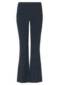 Urtäckta byxor i marinblått tyg med vita prickar. Har ett elastiskt midjeband. Slät yta med en lätt stretch.