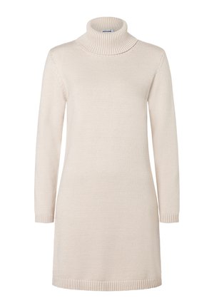 Crème turtleneck sweater jurk met lange mouwen, geribbelde zoom en kraag. Zachte textuur en een eenvoudige, rechte silhouet.