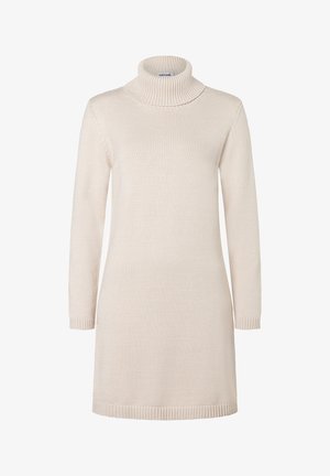 Cremefarbenes Rollkragenkleid mit langen Ärmeln, geripptem Saum und Kragen. Weiche Textur und eine schlichte, gerade Silhouette.