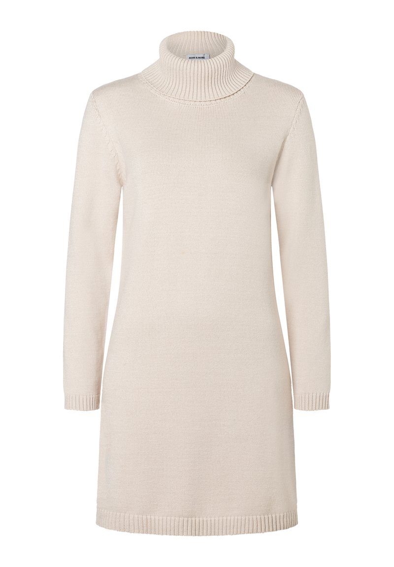 Cremefarbenes Rollkragenkleid mit langen Ärmeln, geripptem Saum und Kragen. Weiche Textur und eine schlichte, gerade Silhouette.