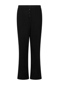 Zwarte broek van zachte stof, met een wijd beenontwerp, elastische tailleband en een vierknopsgulp.