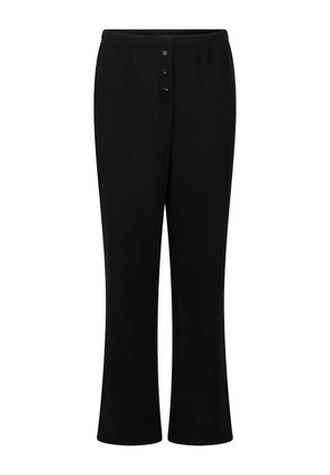 Zwarte broek van zachte stof, met een wijd beenontwerp, elastische tailleband en een vierknopsgulp.