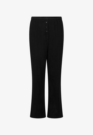 Zwarte broek van zachte stof, met een wijd beenontwerp, elastische tailleband en een vierknopsgulp.