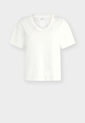 Λευκό βαμβακερό T-shirt με κοντά μανίκια, V-λαιμόκοψη και ετικέτα Marc O’Polo Denim μέσα στον λαιμό.