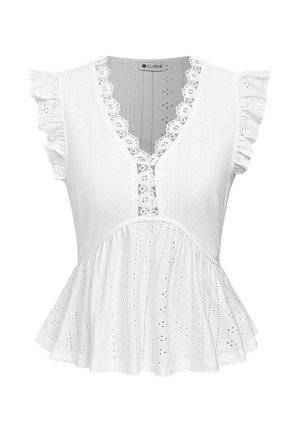 Weisse ärmellose Bluse mit Spitzensaum am V-Ausschnitt, gerüschten Kappenärmeln, Lochstoff und ausgestelltem Peplum-Saum.