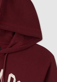 Felpa bordeaux con finitura testurizzata, caratterizzata da una grande grafica chiara. Include cappuccio con stringa e orlo a coste.