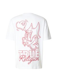 Fehér pamut póló, amelynek hátoldalán piros szaggatott vonalú rajzolt karakter grafika és a "TRUE Religion" felirat található.
