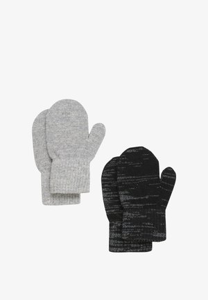 Zwei Paar Handschuhe: ein graues Paar mit strukturiertem Strick und geripptem Bündchen und ein schwarzes Paar mit einem abwechslungsreichen Muster in ähnlichem Strick.