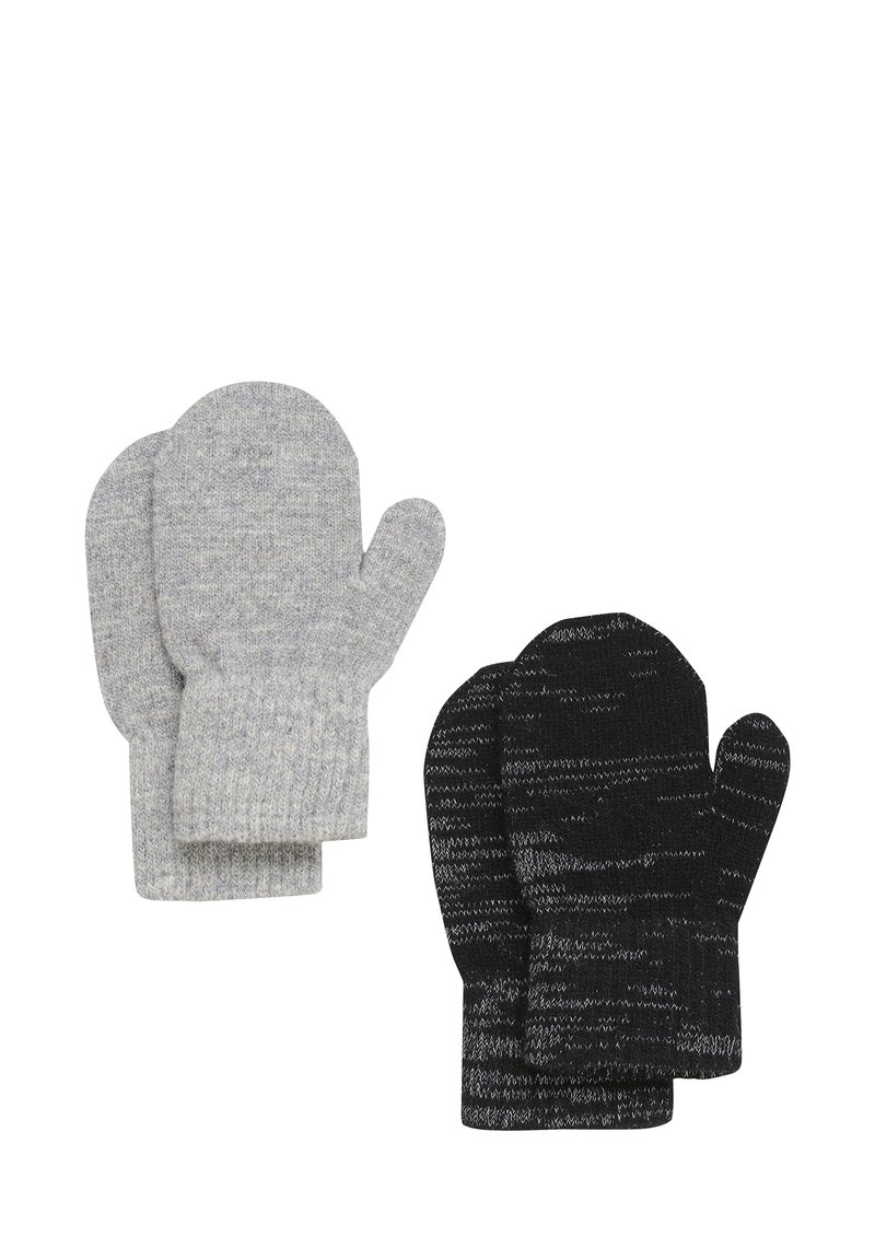 Zwei Paar Handschuhe: ein graues Paar mit strukturiertem Strick und geripptem Bündchen und ein schwarzes Paar mit einem abwechslungsreichen Muster in ähnlichem Strick.