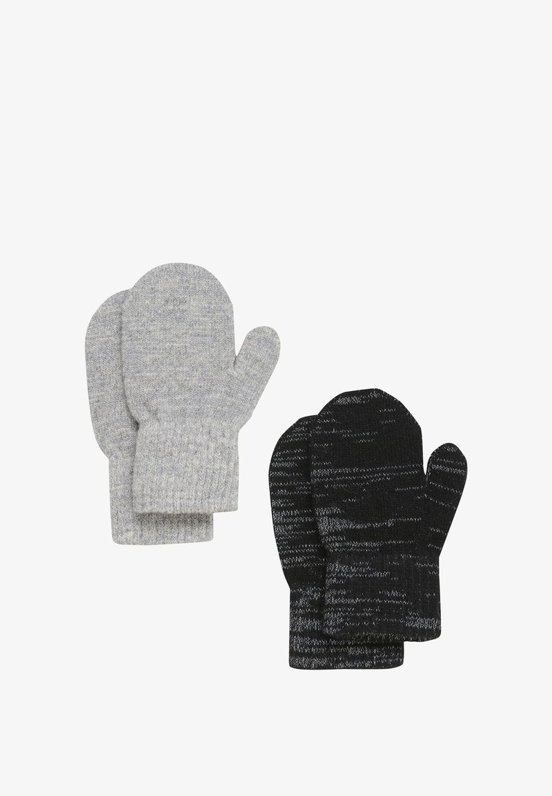 Zwei Paar Handschuhe: ein graues Paar mit strukturiertem Strick und geripptem Bündchen und ein schwarzes Paar mit einem abwechslungsreichen Muster in ähnlichem Strick.