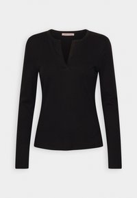 Langärmliges schwarzes Oberteil aus weichem Stoff mit V-Ausschnitt und schmaler Passform, ohne sichtbare Muster oder Akzente.
