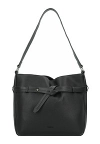 Schwarze Lederhandtasche mit strukturierter Oberfläche, ausgestattet mit einem geknoteten Tragriemen, verstellbarem Schulterriemen und einem minimalistischen Design.